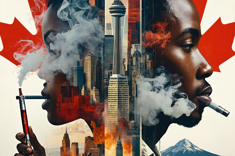 Cultural mosaic of vaping in Canadian society showing diverse communities and landmarks