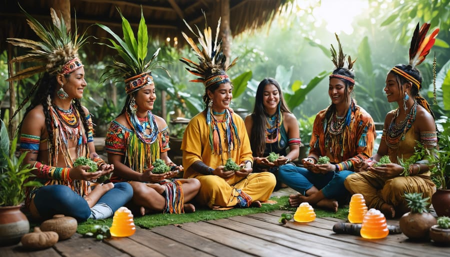 A diverse group of individuals participating in a community event that blends cultural practices with modern wellness, including meditation and CBD gummies, illustrating harmonious living.