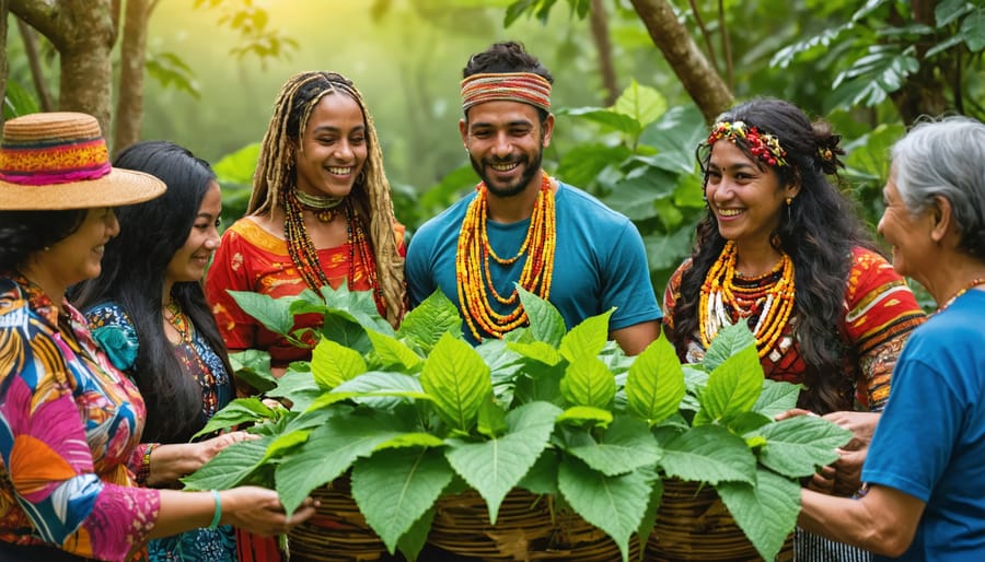 A diverse group of people from different ethnic backgrounds engaging in a lively conversation about kratom, set against a backdrop of Southeast Asian landscapes, symbolizing cultural inclusivity and heritage.