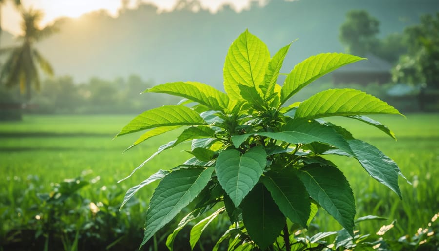 Farmers harvesting kratom leaves in a rural Southeast Asian setting, showcasing traditional agricultural practices