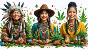 A diverse group of individuals, including an Indigenous elder and immigrant entrepreneur, gathered to showcase cultural approaches to cannabis use in Canada, featuring traditional and modern elements.