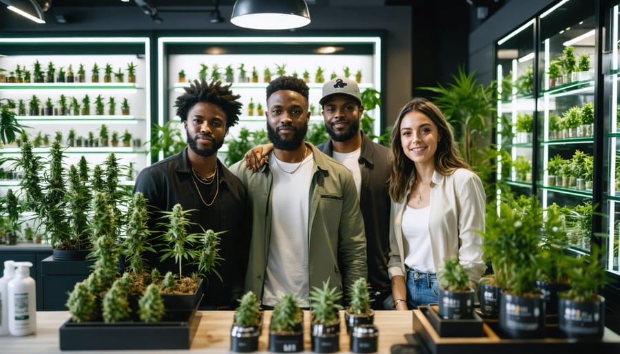 Multicultural group of business owners discussing products in a contemporary cannabis retail space