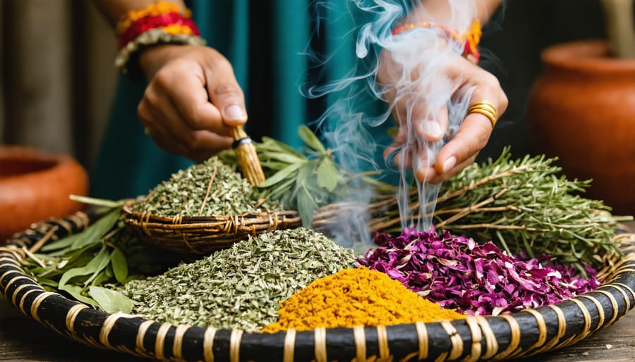 Indigenous elder performing a traditional smudging ceremony with sacred medicines