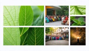 A symbolic representation of kratom’s cultural impact in Canada, showing kratom leaves alongside a multicultural wellness center and Southeast Asian community members engaging in traditional practices.