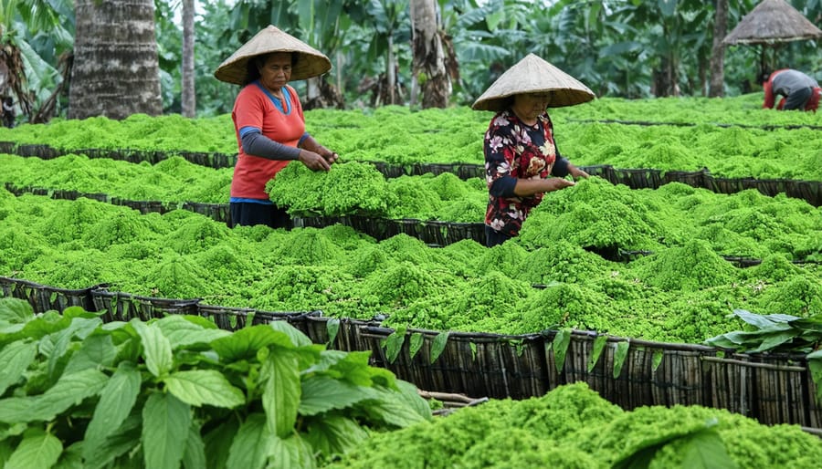 Southeast Asian farmers harvesting fresh kratom leaves from mature trees